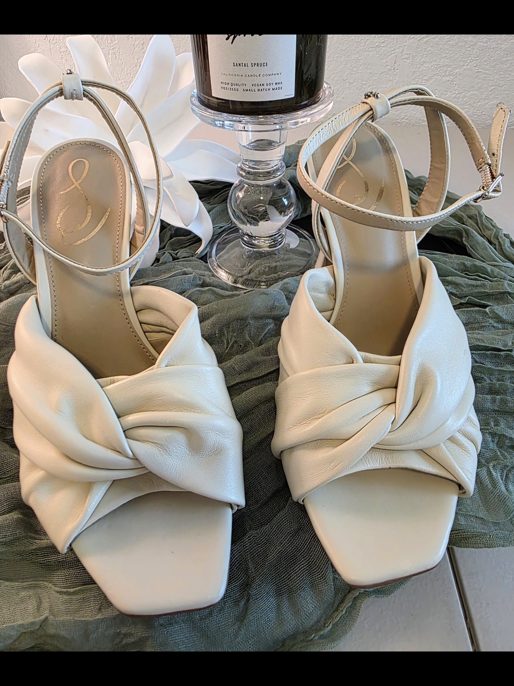 Sam Edelman Cream Knotted Ankle-Strap Heels Size 8 4 Inch Heel.